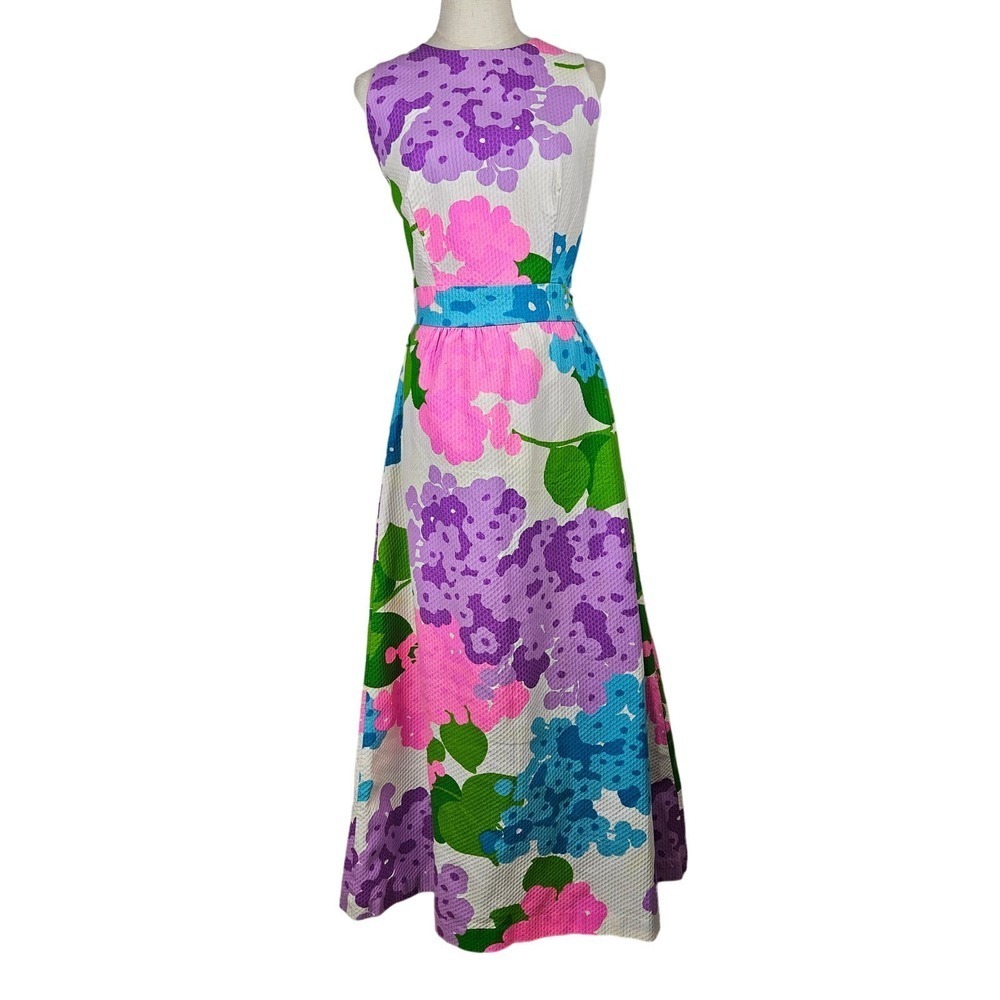 Vintage Floral Maxi Dress 18 10/12 Textured Cotton Pink Blue Purple White